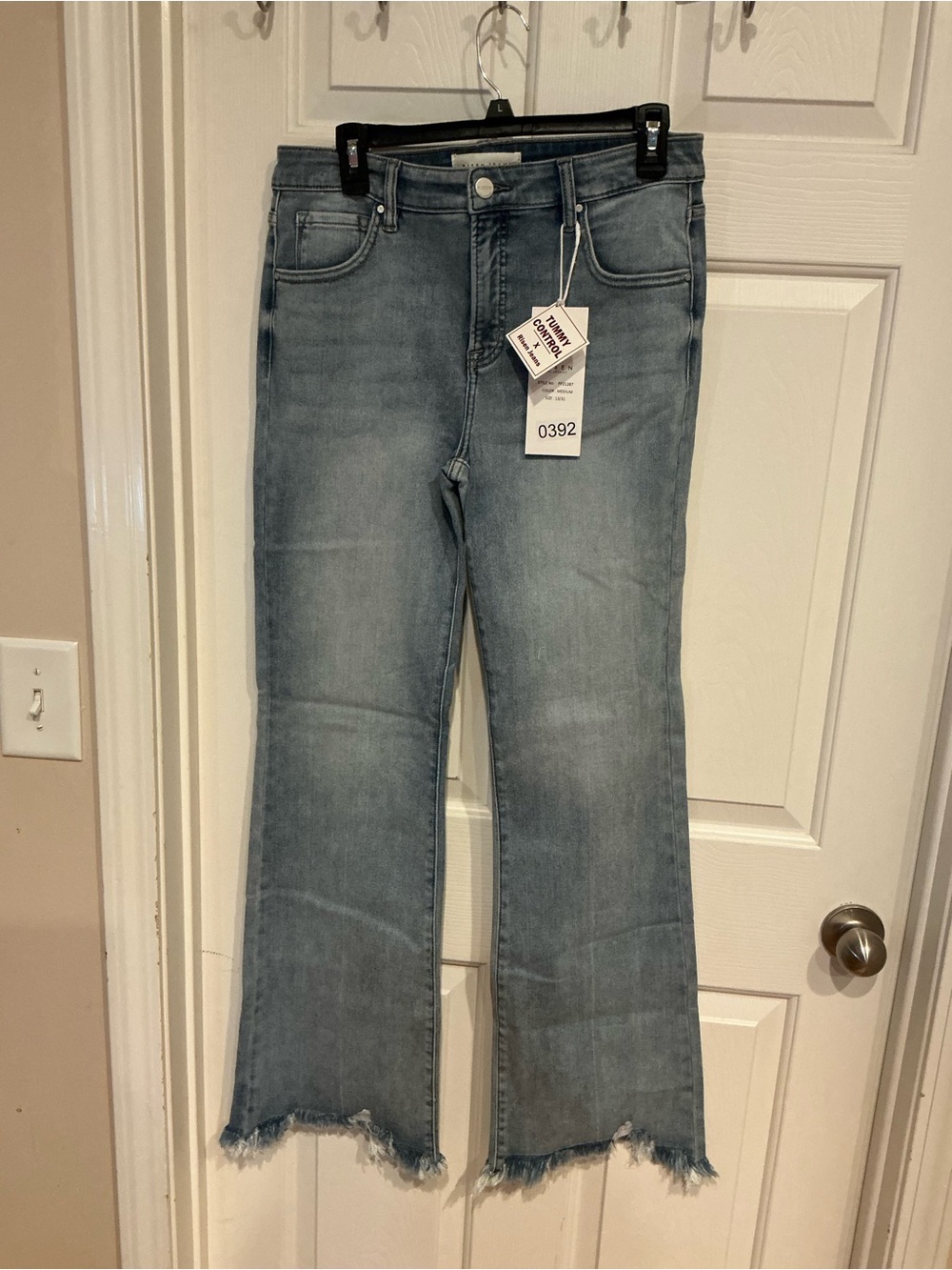 Light Blue Frayed-Hem Wide Leg Jeans - Women